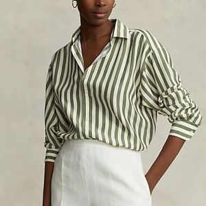 Polo Ralph Lauren Relaxed Fit Striped Silk Shirt in Green/Cream (4)